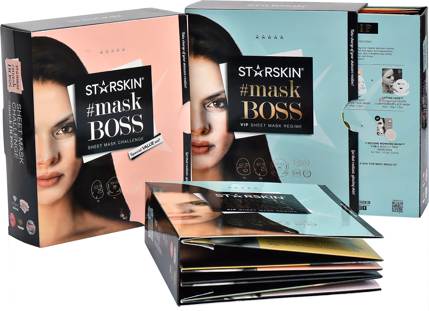 Three STARSKIN #maskBOSS sheet mask challenge and VIP sheet mask regime product packages.