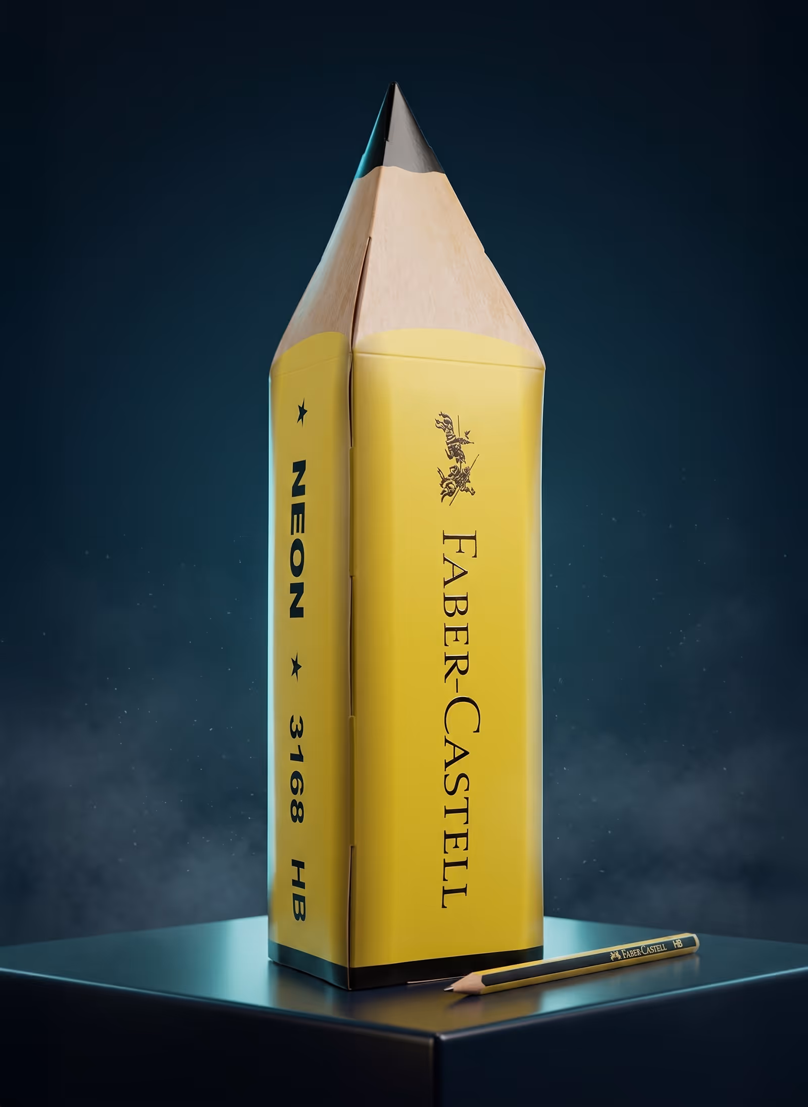 Large yellow Faber-Castell pencil box shaped like a giant pencil with a real pencil lying next to it.