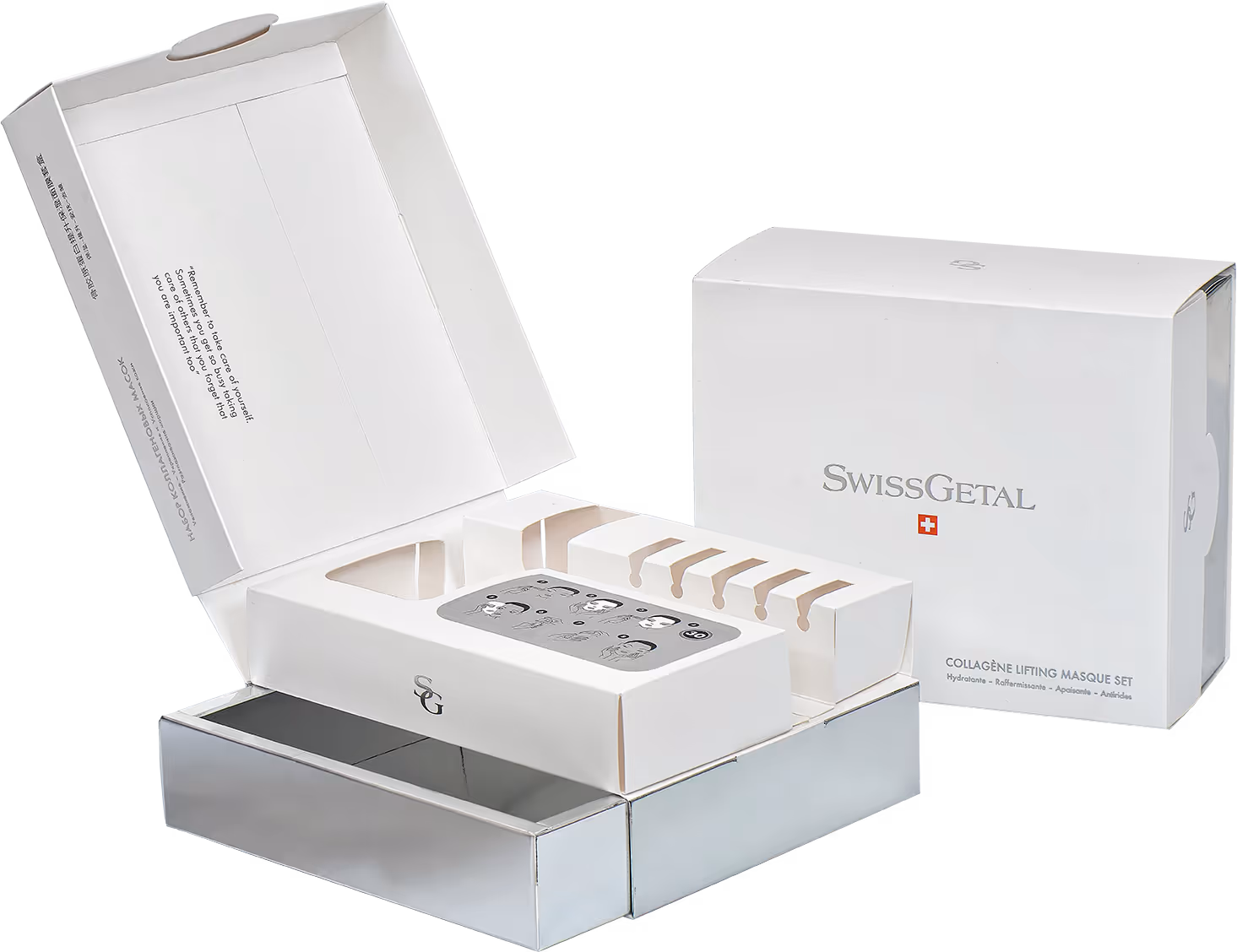 SwissGetal Collagène Lifting Masque Set packaging with an open box showing mask compartments and instructions.