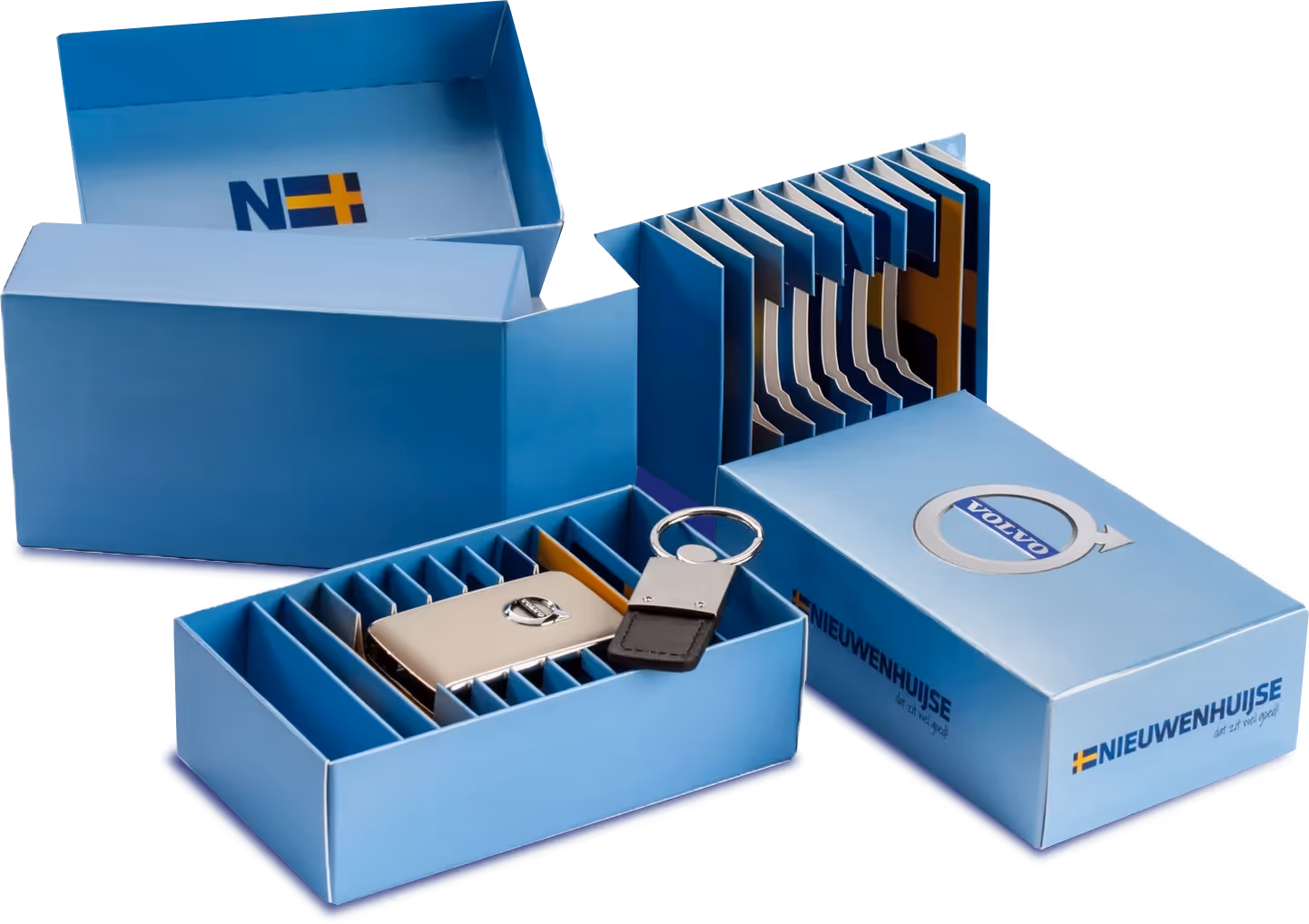 Blue packaging box with Volvo key fob and keychain inside, featuring Volvo branding.